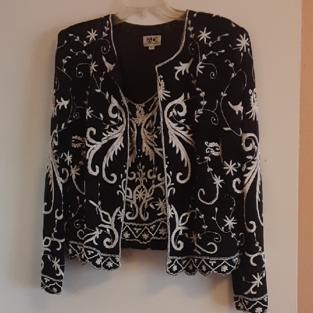 Black and White Embroidered Jacket and Top Set